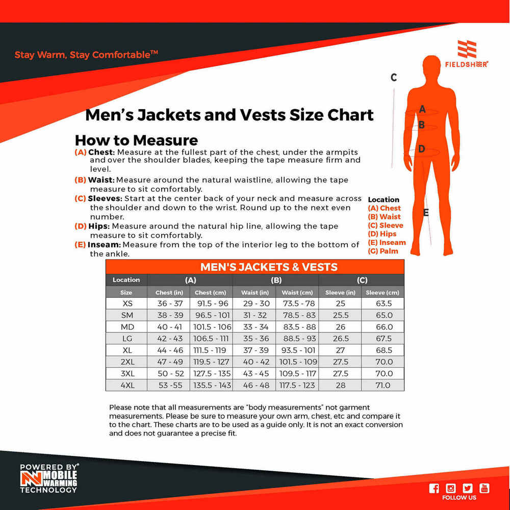 Fieldsheer Mobile Warming Men's Size Chart