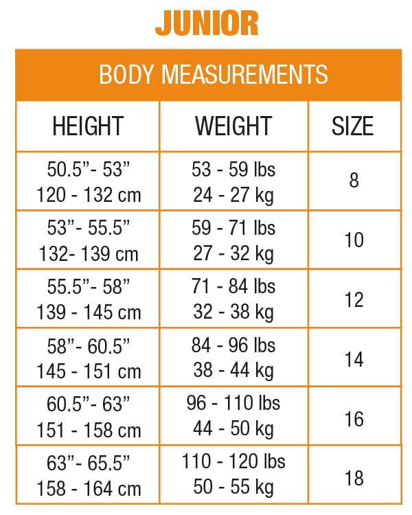 Choko Junior Size Chart