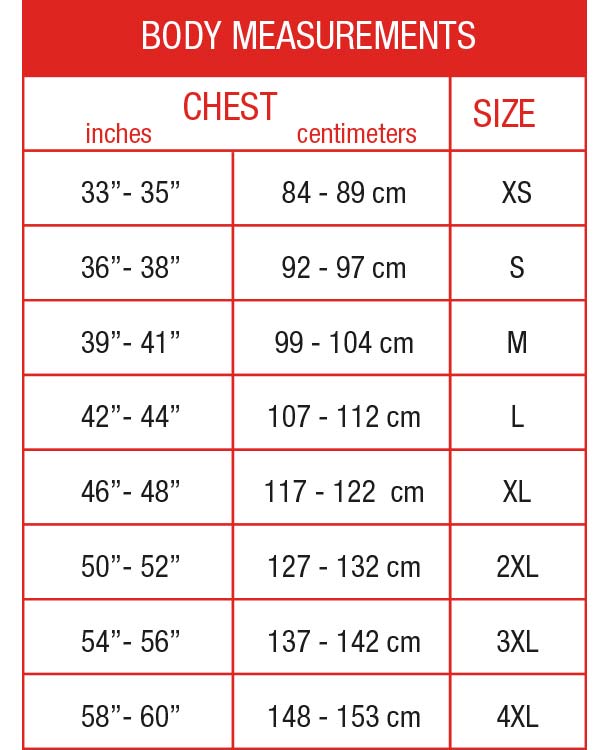 Choko Men's Jacket Size Chart