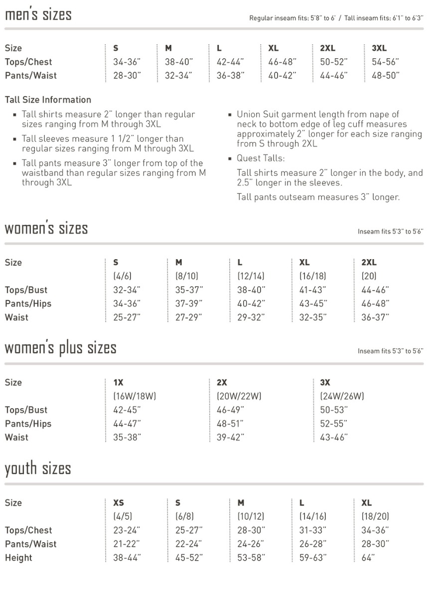 Coldpruf Size Charts